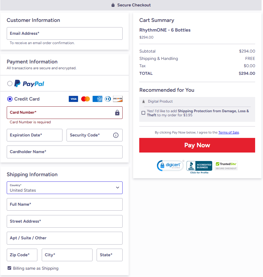RhythmOne Checkout Page